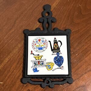 Vintage Ceramic Tile Cast Iron Trivet Folk Art Tulips Coffee Chadwick Japan